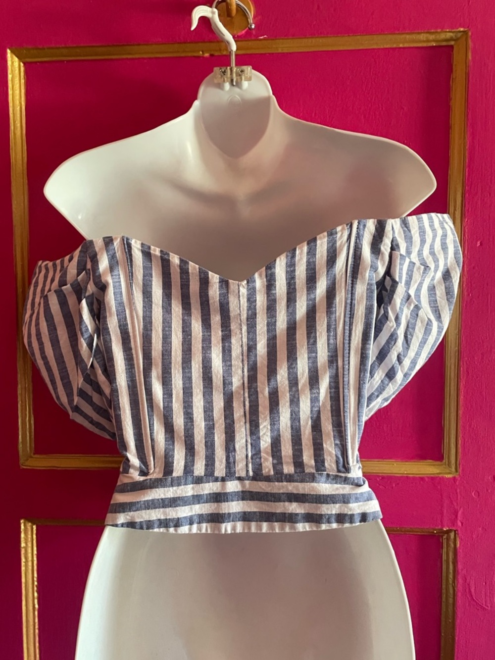 Top Shop Bardot Blue/White Striped Off-Shoulder, boned, Button Front Top  
US 2 - Picture 3 of 5